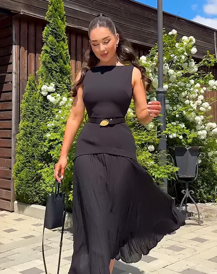 Летнее платье без рукавов с плиссировкой для европейских и американских женщин 2025 – Однотонное, с акцентом на талии