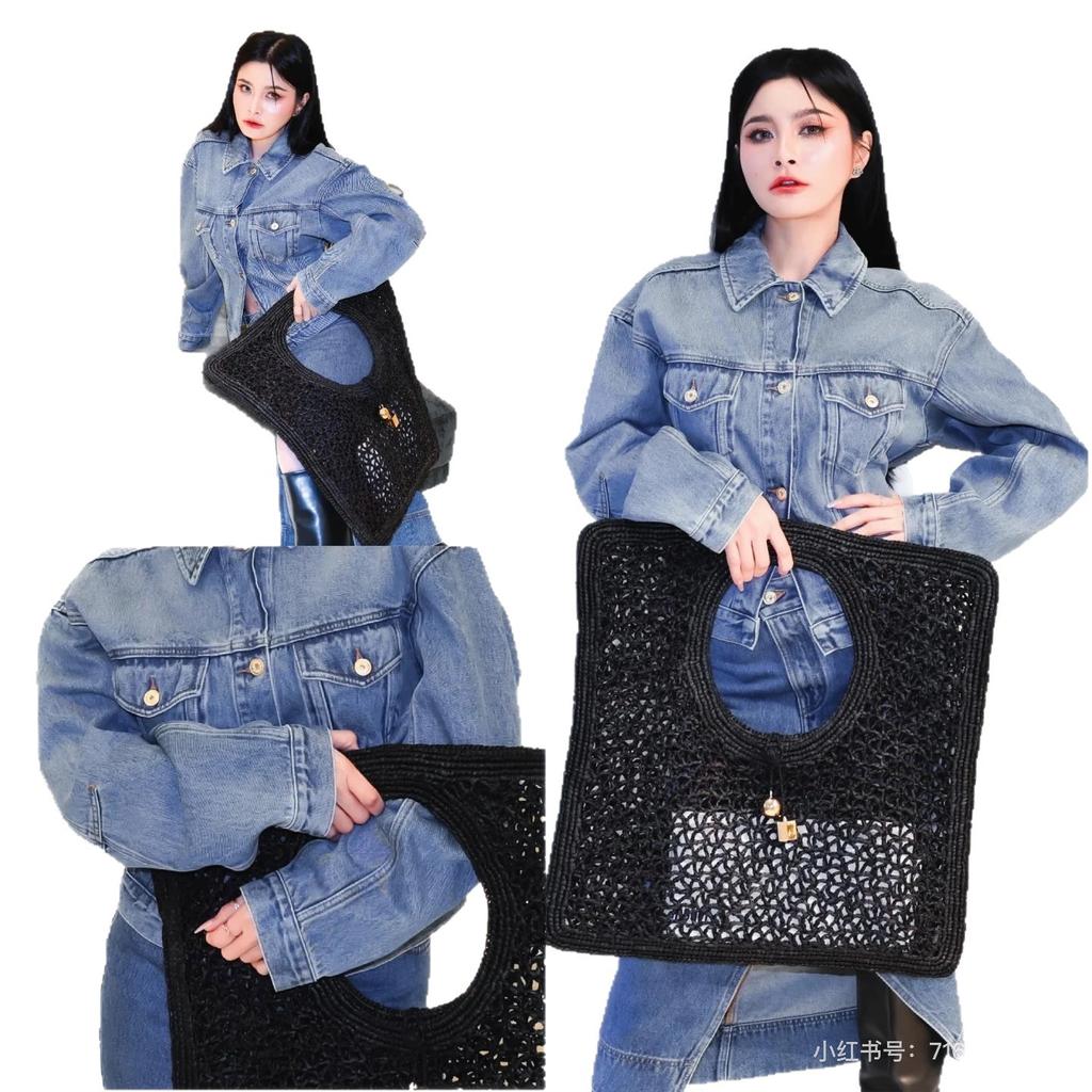 2025 New French Jacquemus Retro Hollow Lafite Grass Woven Bag Vacation Style Handbag Women