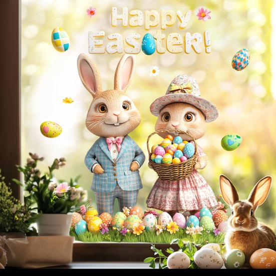 Пасхальная наклейка на окно Милый кролик Полевые цветы Яйца Бабочка Многоразовые двусторонние статические оконные наклейки для стеклянных дверей стен Детской комнаты Весна