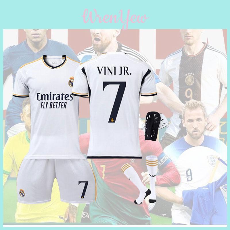 Real Madrid Home 7 Vini.jr Soccer Clothing Set Polyester Material Shirt Pants Socks And Protective Gear Included
