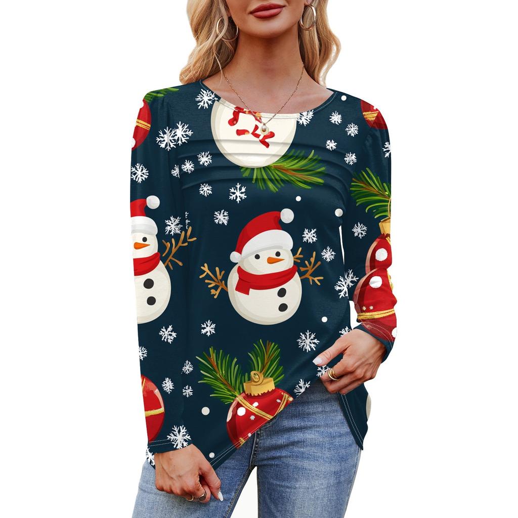 Женская футболка с круглым вырезом и длинными рукавами с принтом рождественской елки и снежинки