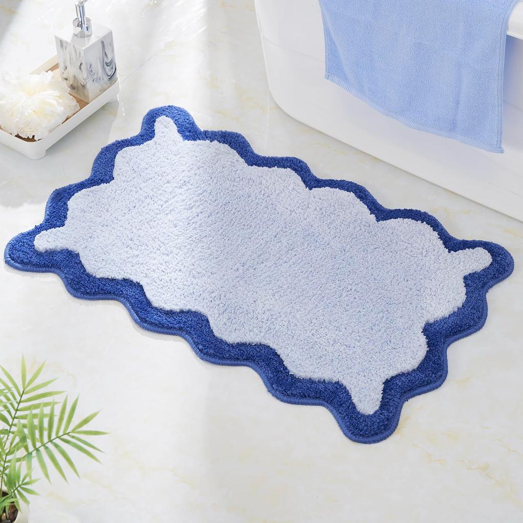 Luxury Cute Bathroom Rugs, White Bath Mat W/Blue Scalloped Edge, Microfiber Aesthetic Trendy Funky Fun Preppy Rug
