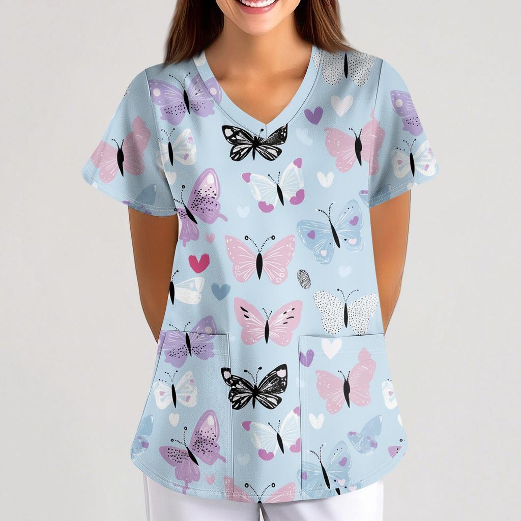 Women's Small Animal Cartoon Print Loose V-neck Pocket Short-sleeved  Uniform  Uniform