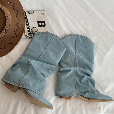 2024Новые остроносые брюки-трубы на высоком каблуке, сексуальные женские ковбойские рыцарские сапоги в стиле вестерн, осенне-зимняя уличная женская обувь