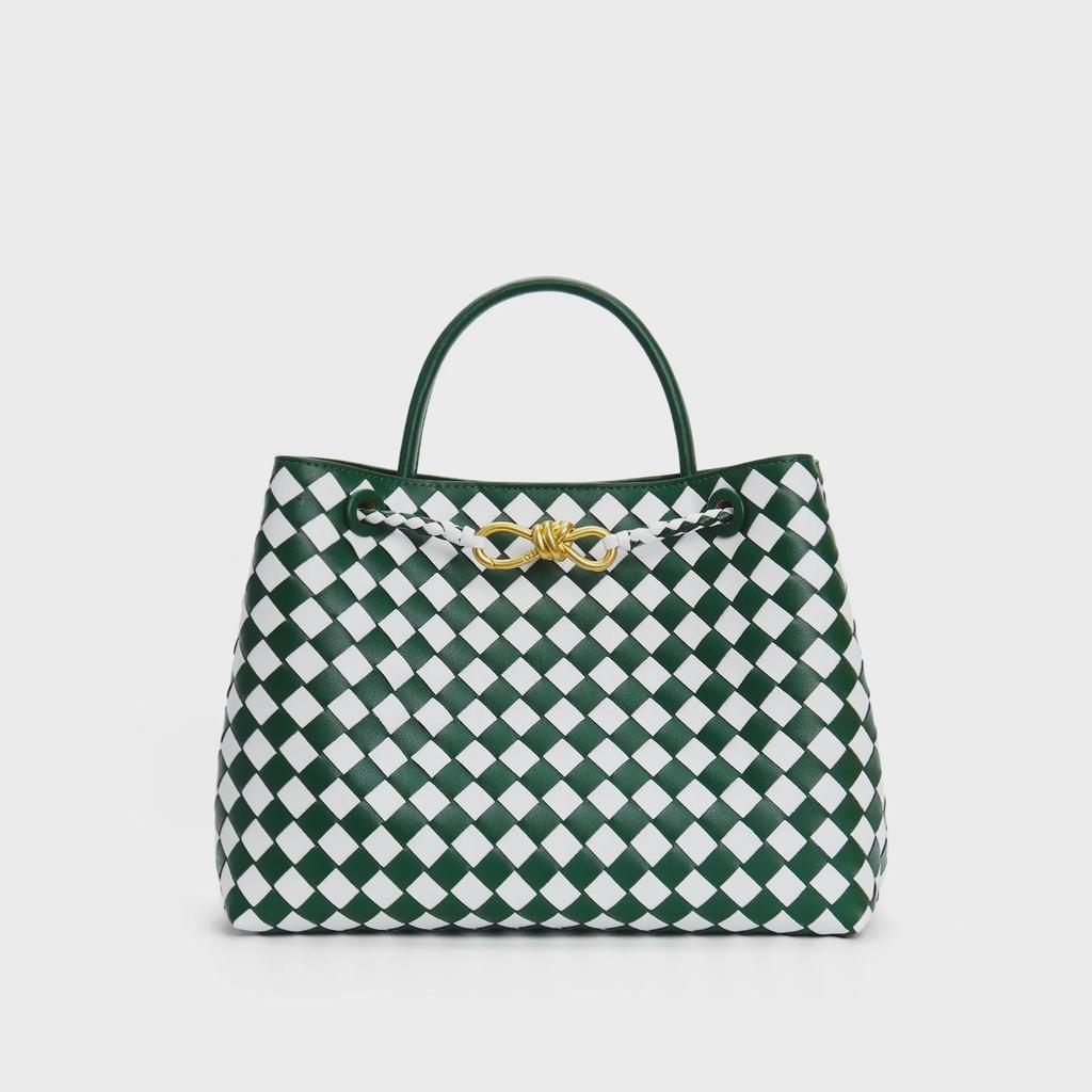 Модная плетеная сумка-тоут 2023 года: Золотая фурнитура, пряжка-веревка, ромбовидный дизайн, большая вместимость, сумка через плечо и через плечо для женщин