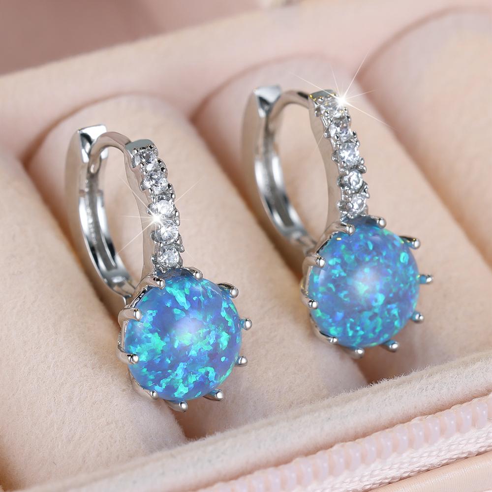 Elegant Female Round Fire Opal Silver Color Hoop Earrings Wedding Jewelry
