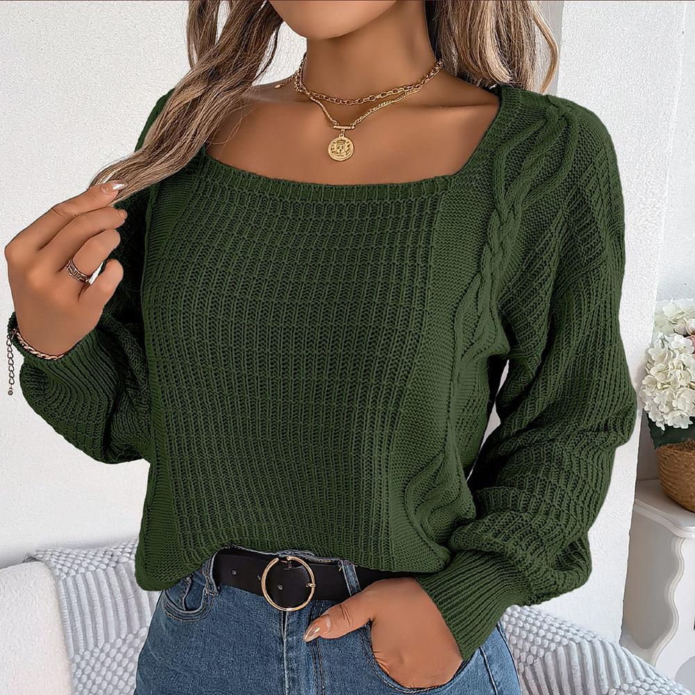 Женский осенне-зимний повседневный однотонный вязаный пуловер с квадратным вырезом и рукавами-фонариками, с квадратным вырезом