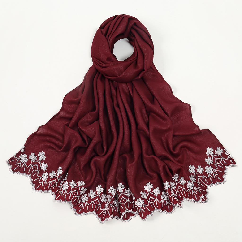 Solid Color Chiffon Embroidery Hijab - Ruffled Edge Long Scarf Islam Hijabs Women's Turbans Head Wrap Lightweight Scarf