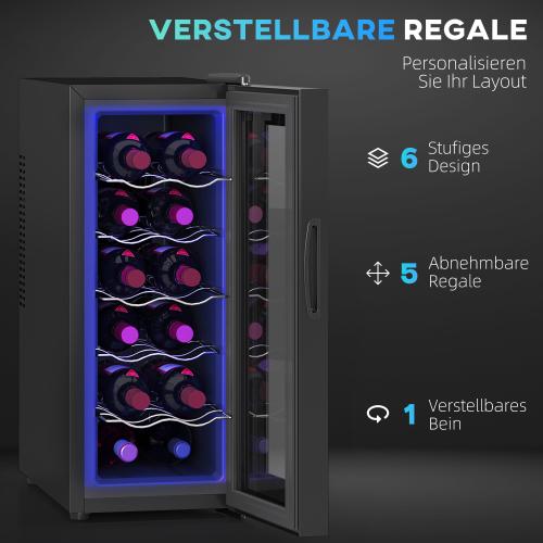 Wine Cooler for 12 Bottles, 30L, 8-18°C, Double Thermoelectric Bottle Cooler with Glass Door, Beverage Cooler with LED Light