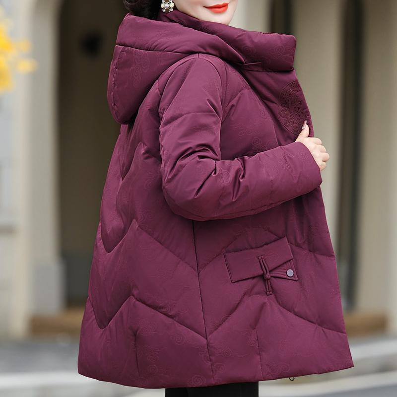 Middle Age Women Winter Short Down Jackets Vintage Embroidery Parkas Hooded Elegant Thick Warm Plus Size Down Coats Woman Outerwears