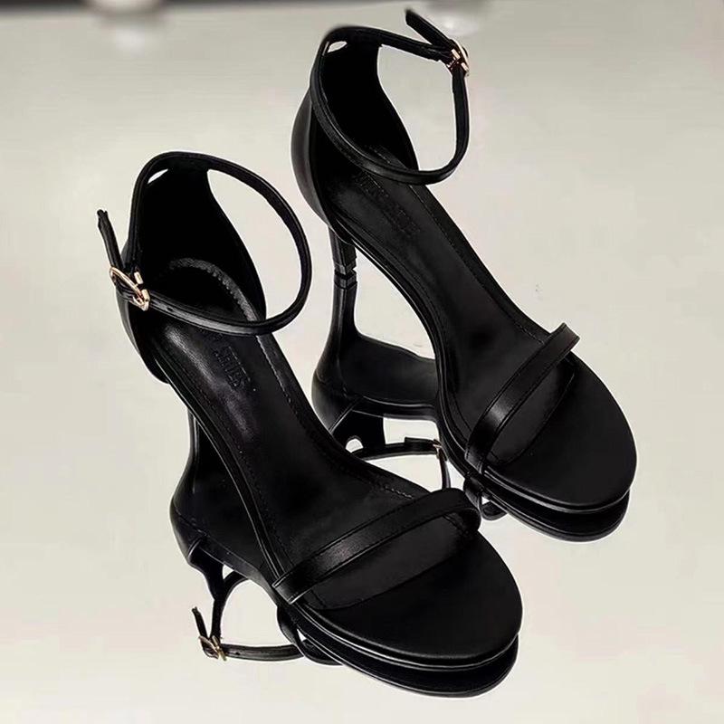 Серебристые босоножки на высоком каблуке-шпильке для женщин - стильные черные с одним ремешком, французская летняя мода 2023 г.