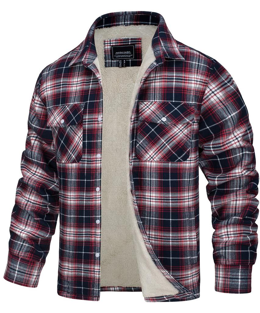 TACVASEN Check Thick and Soft Long Work Autumn Red and Size 2XL Men's Jacket, Fleece, Sleeve, Wear, Coat, Windbreaker, White,