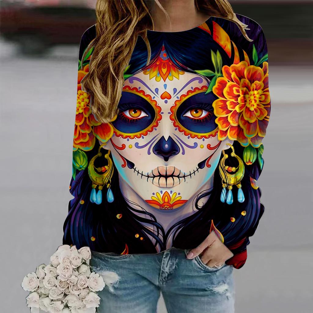 Осенняя женская мода с круглым вырезом и длинным рукавом, свободная одежда, футболка с принтом черепа и розы