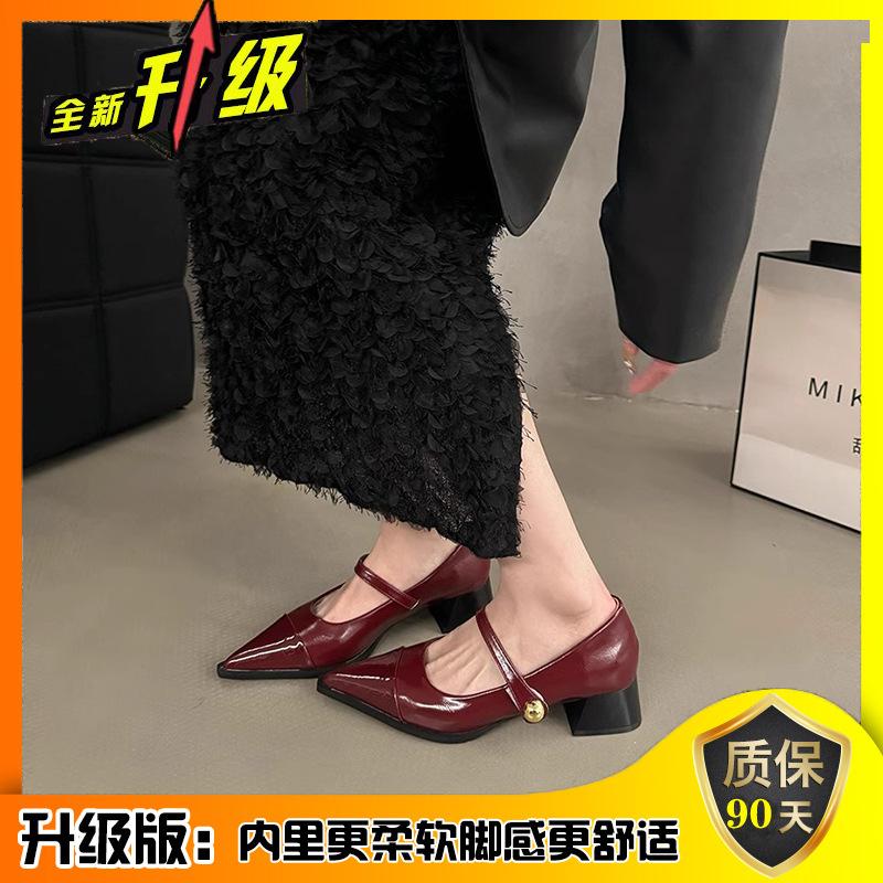 Остроносые маленькие кожаные туфли женские 2025 новая весна толстый каблук низкий каблук высокий каблук ретро французский темперамент Мэри Джейн туфли-лодочки