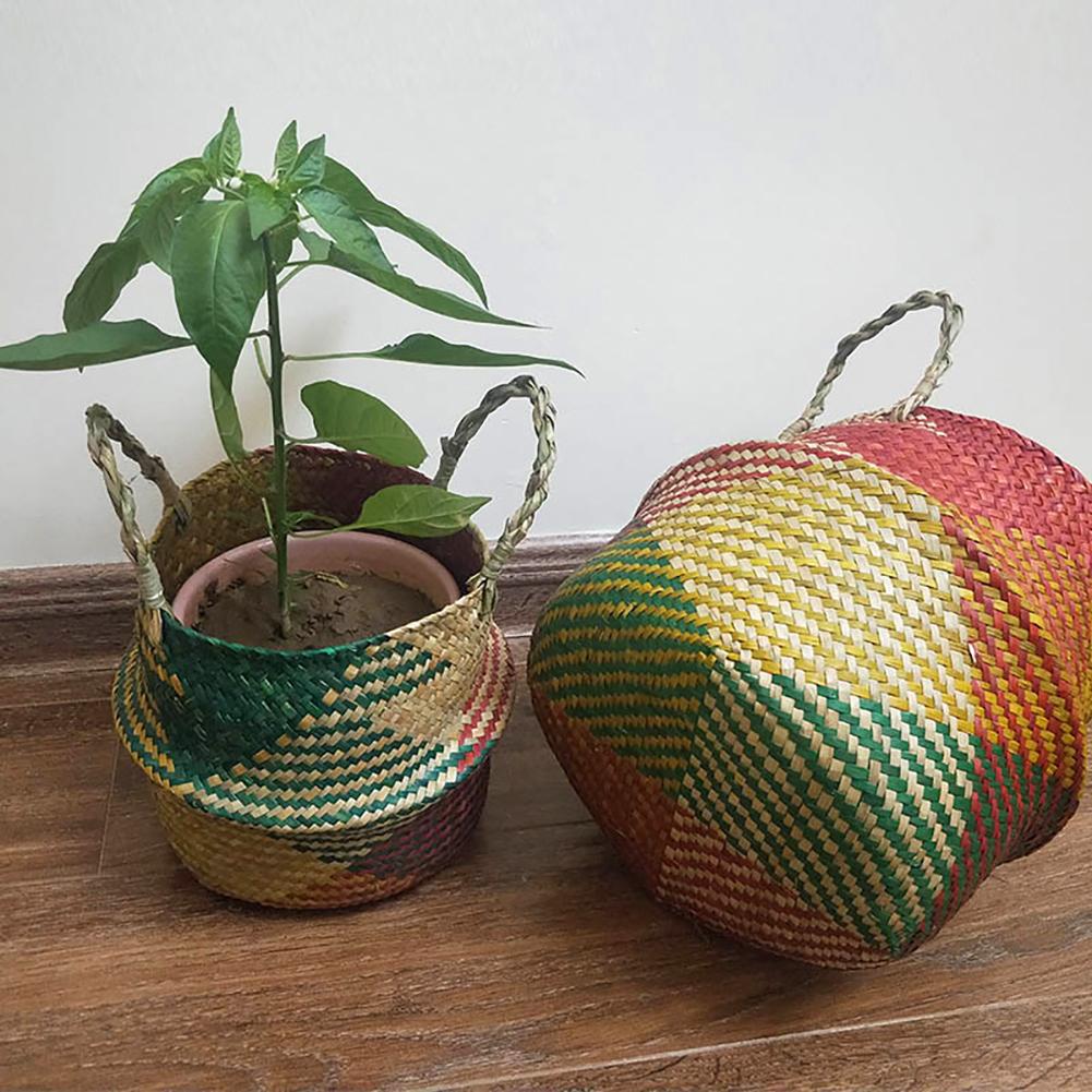 Handmade Bamboo Storage Baskets Foldable Clothes Laundry Basket Straw Wicker Rattan Seaweed Belly Flowerpot Retro Decorations