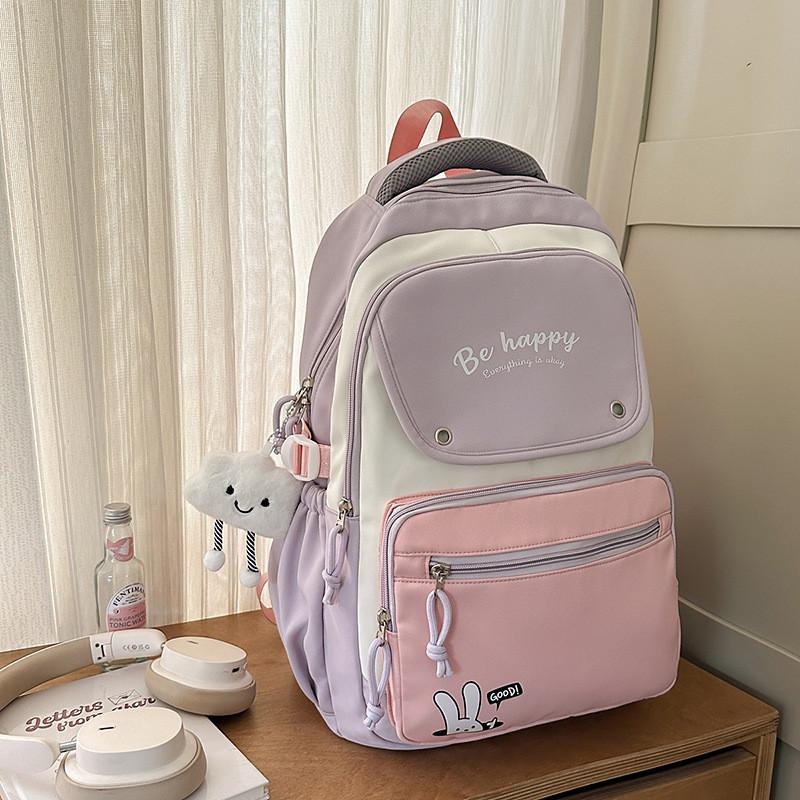 Nylon Lightweight Letter Backpack With Colorblock Design For Unisex Daily Use
