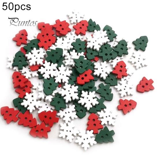 50Pcs Wooden Xmas Tree Snowflake Buttons 2 Holes DIY Sewing Buckle Ornament