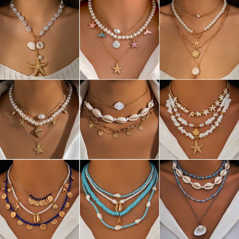 Beach Beaded Necklace Imitation Pearl Necklace Starfish Shell Retro Holiday Resin