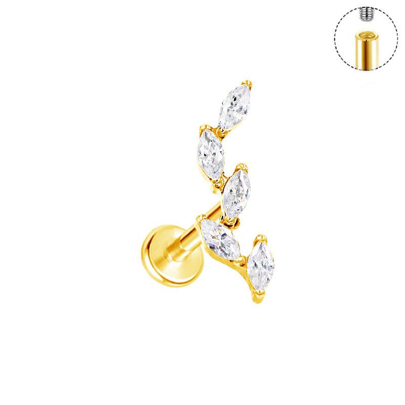 Титановая серьга-кафф с пятью маркизами, с плоской задней частью, в виде листа, для мочки уха, хряща уха (helix), лабрет-гвоздик, пирсинг, украшение