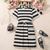 Модное платье для девочек 2025 года, летнее детское полосатое платье с капюшоном и короткими рукавами на талии