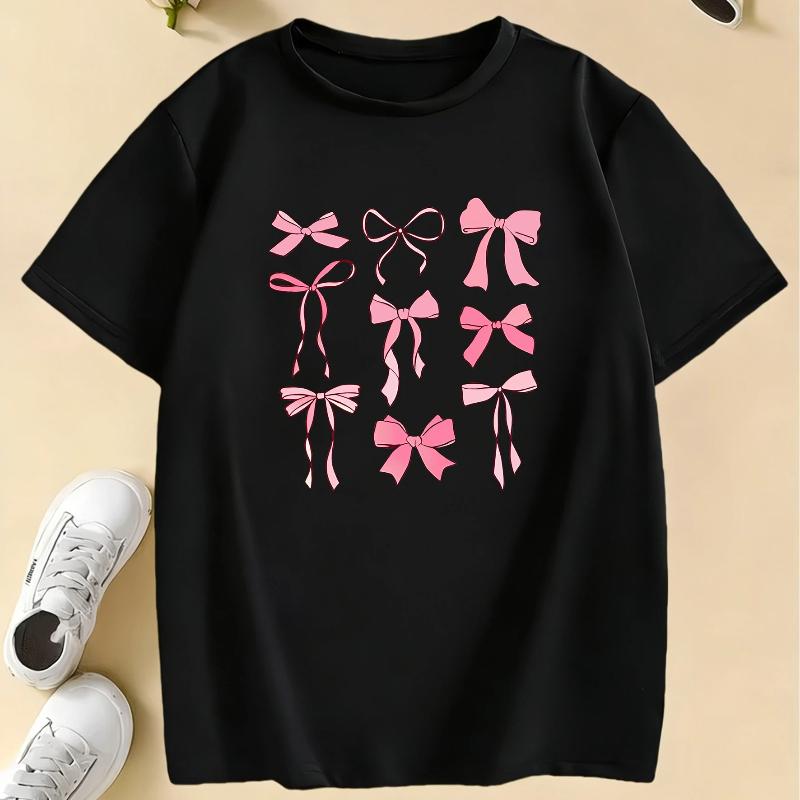 Graphic Pink Color Bow Printed T Shirts Kids Children's T-shirt Boys Girls Summer Spring Casual Top Tee