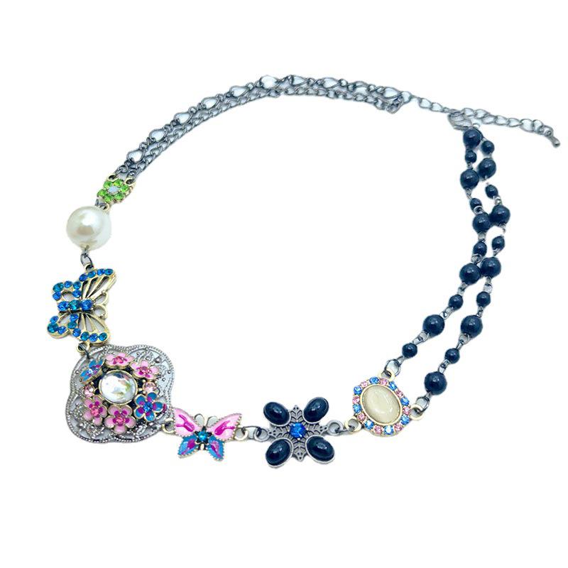 Европейское Ретро Цветное Ожерелье с Стразами Бабочка и Жемчугом - Этнический Стиль