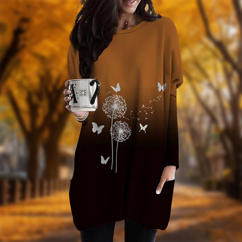 Новинка осени с принтом бабочек и одуванчиков. Платье больших размеров для женщин с круглым вырезом и длинными рукавами. Повседневные платья с карманами.