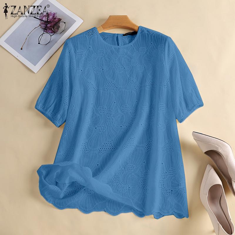 ZANZEA Летние повседневные кружевные вязаные крючком топы с круглым вырезом и половиной рукавов