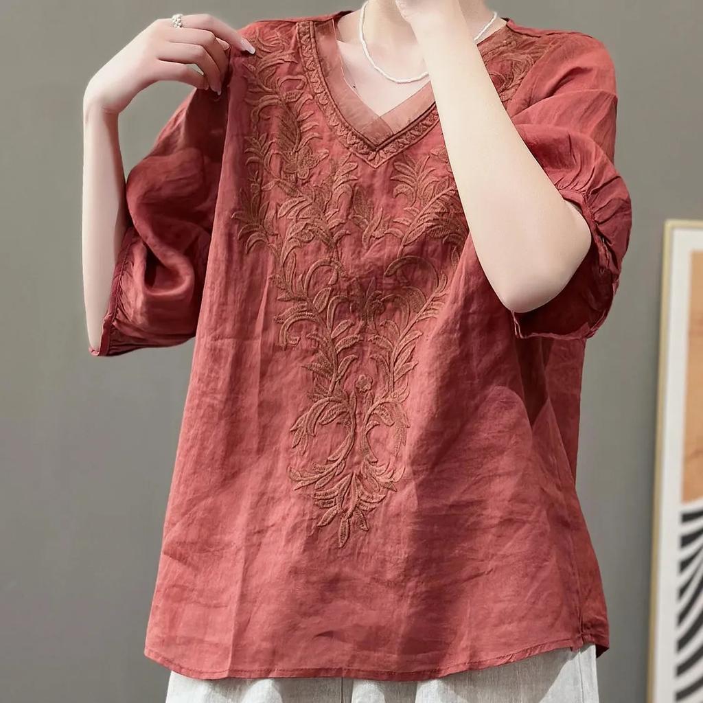 Women's Summer Solid Color Embroidery V-neck T-shirt Literary Retro Loose Half-sleeve Casual Tops