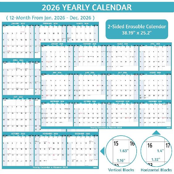 2026 Dry Erase Calendar – Large Yearly Wall calendar 2026, 38.2'' x 25.2'', 2-Side Reversible Calendar 2026, Vertical/Horizontal, Jan 2026 – Dec