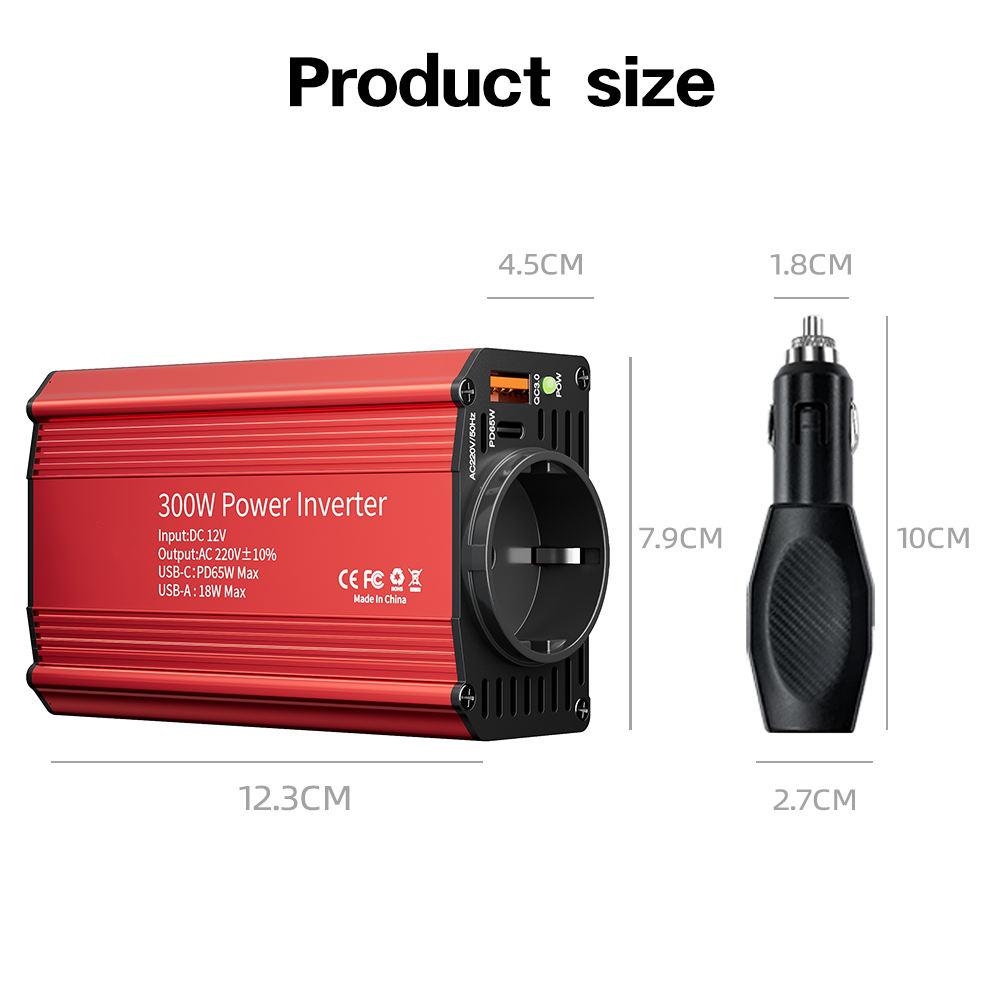 300W Single Phase Car Use Power Supply Inverter with EU Socket DC12V to AC220V/110V Output USB QC3.0 + PD65W Fast Charging