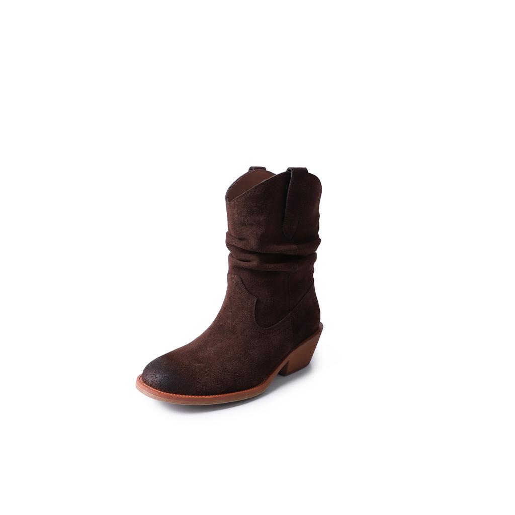 Модные женские ковбойские сапоги из коровьей замши, модная кожаная подкладка, круглый носок, женские уличные прошитые ботильоны цвета хаки, коричневые, на блочном каблуке 5 см