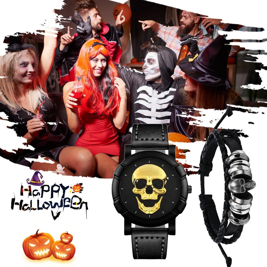 Skull Watch Bracelet for Rock Accessory Halloween Gift Men, 2-Piece Set, Punk, Skull, Leather, Strap, Analog, Waterproof, Black, Gothic, -