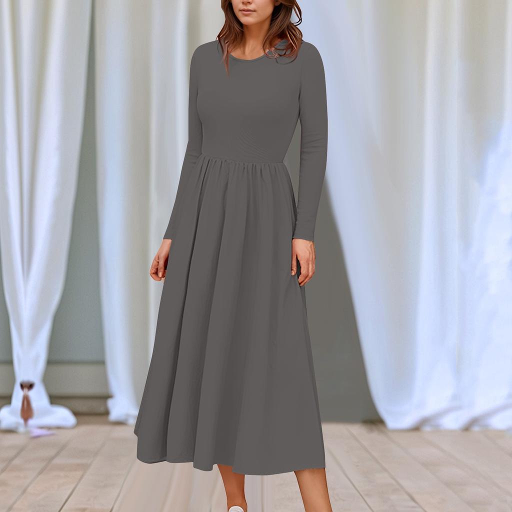 Women's Solid Color Midi Boho Dress Casual Long Sleeve Flowy Smocked Dresses With Pocket Summer And Spring