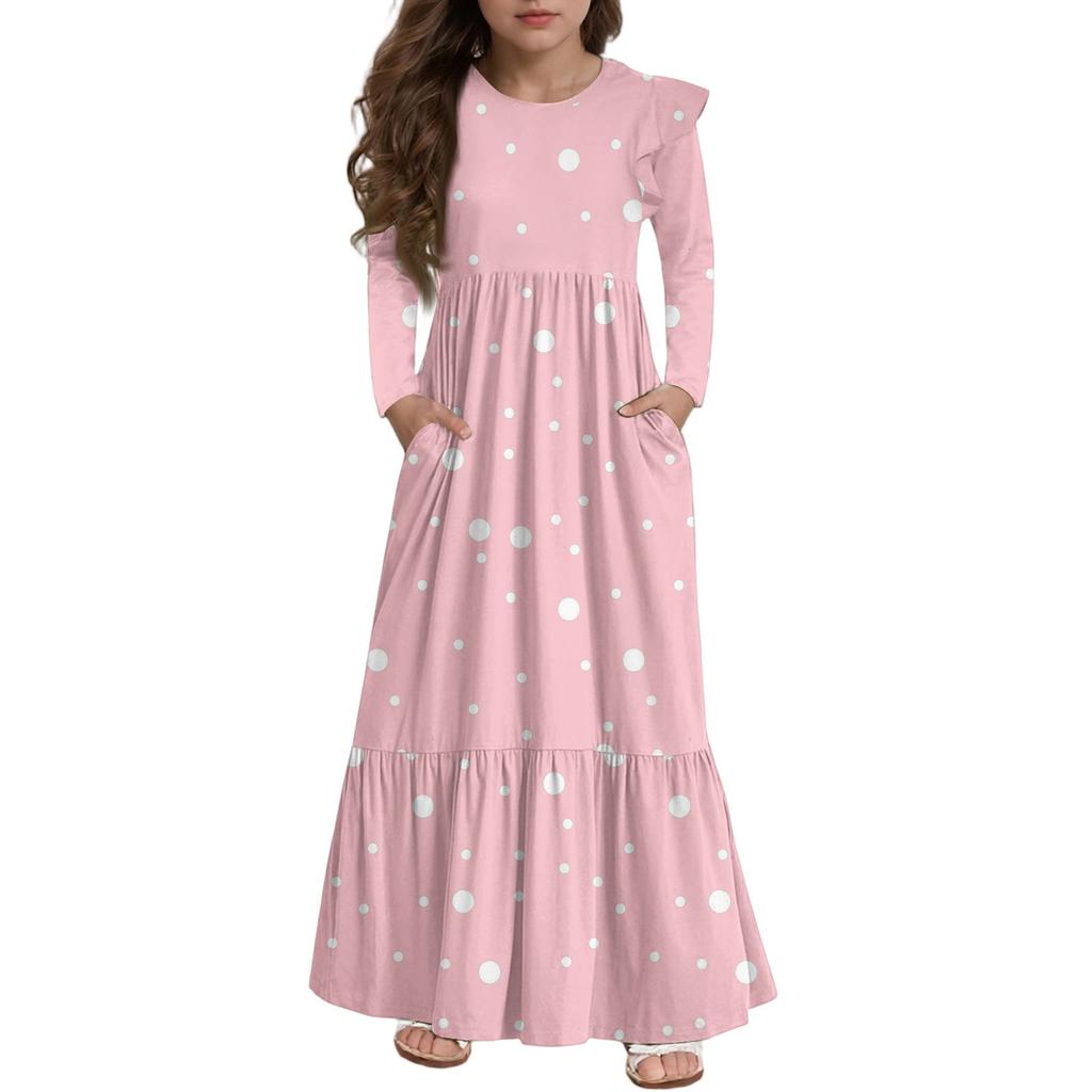 Girls' Tiered Ruffle Dress - Long Sleeve Printed Maxi With Pockets
