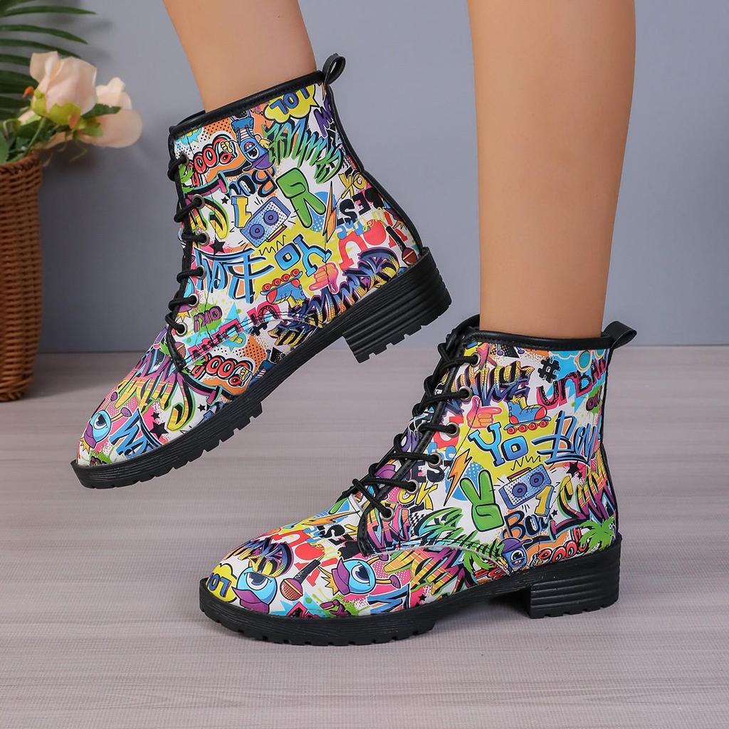 Европейские и американские ботинки Martin для женщин: Осенне-зимние рабочие ботинки с 3D-печатью в стиле граффити.