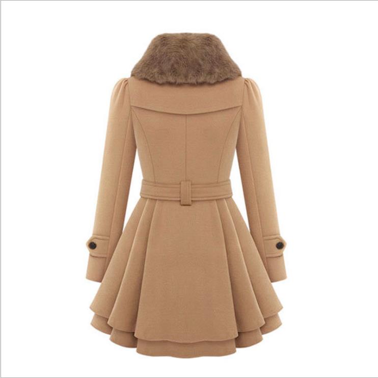 Ladies Winter Fur Collar Slim Double Breasted Woolen Long Elegant Coat
