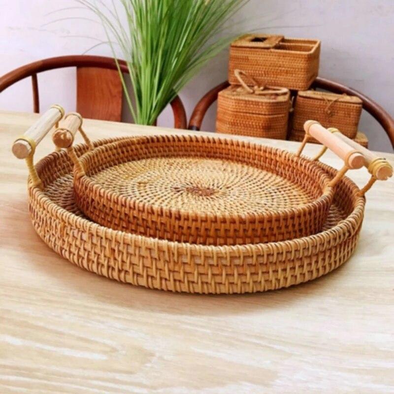 Rattan Tray Storage Basket Rattan Handwoven for Fruit Tea Breadbasket