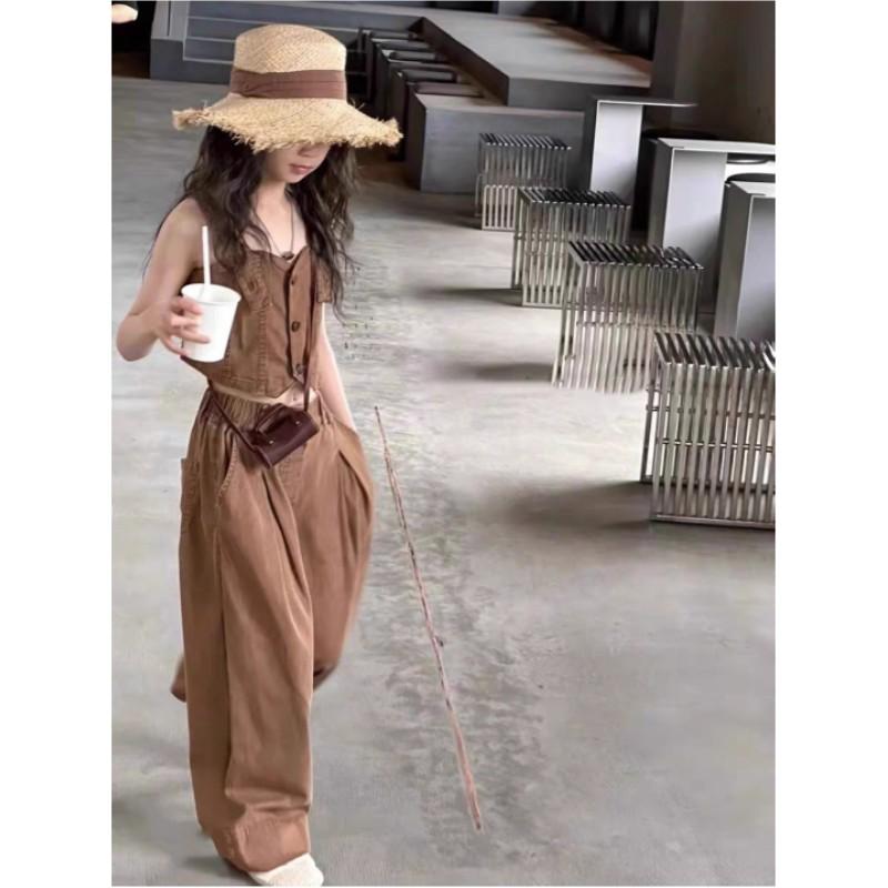 Girls Summer Solid Color Personality Denim Suit Middle and Large Children Single-breasted Short Suspenders + Straight Pants Casual Two-piece Set