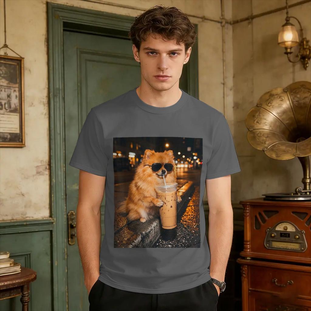 Pomeranian Drinking Iced Coffee Funny Dog Lover Animal Meme Tshirt Bgwrmcj Cotton T Shirt For Unisex Beach Classic Tshirts Tops