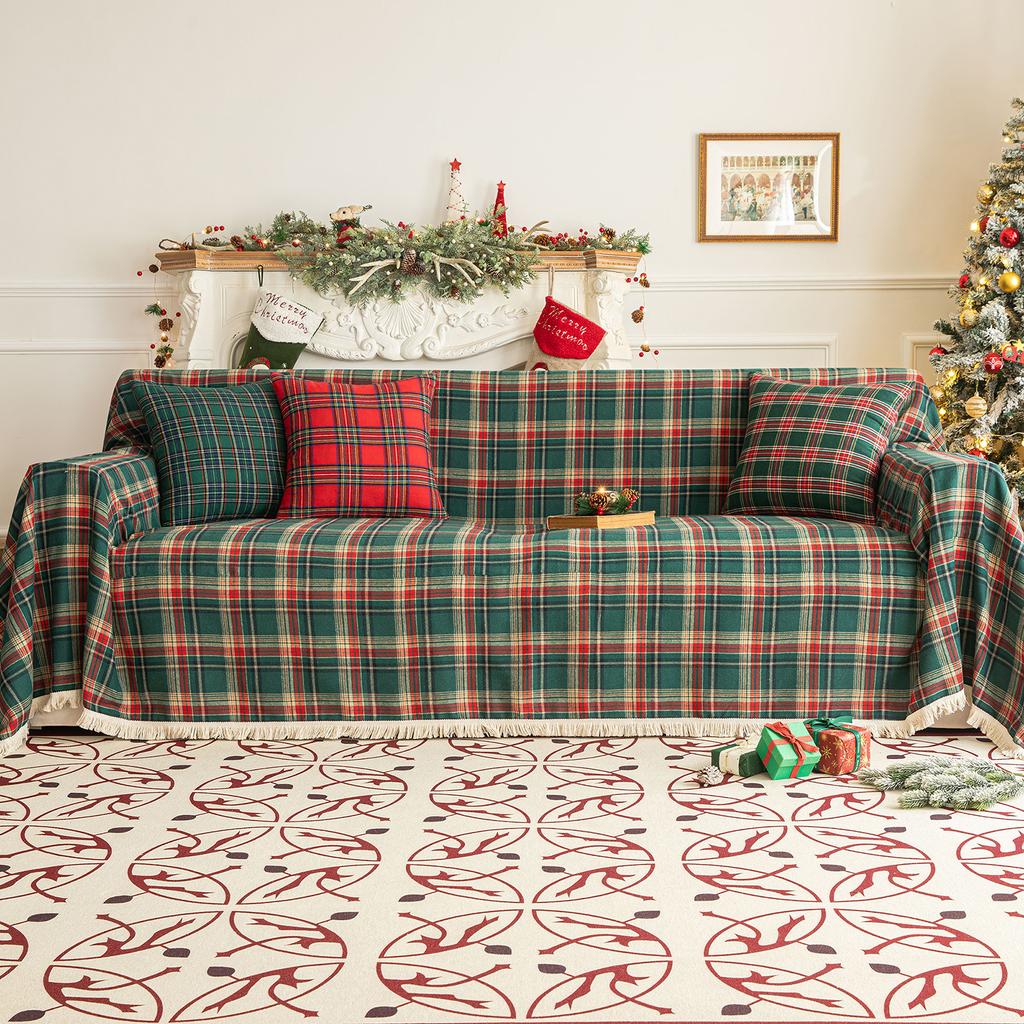 Christmas Plaid Couch Cover with Tassel Washable Sofa Covers Couch Furniture Protector Seat Slipcover Sofa Towel for Living Room
