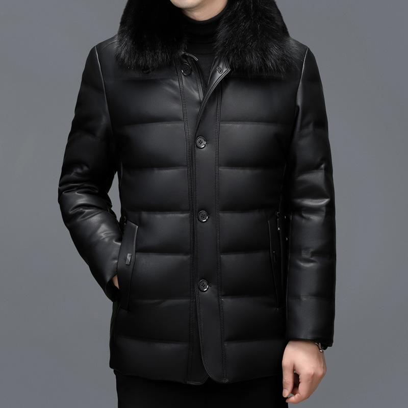 Middle-aged leather jacket men's leather down jacket casual down jacket solid color lapel removal liner thickened jacket winter tide