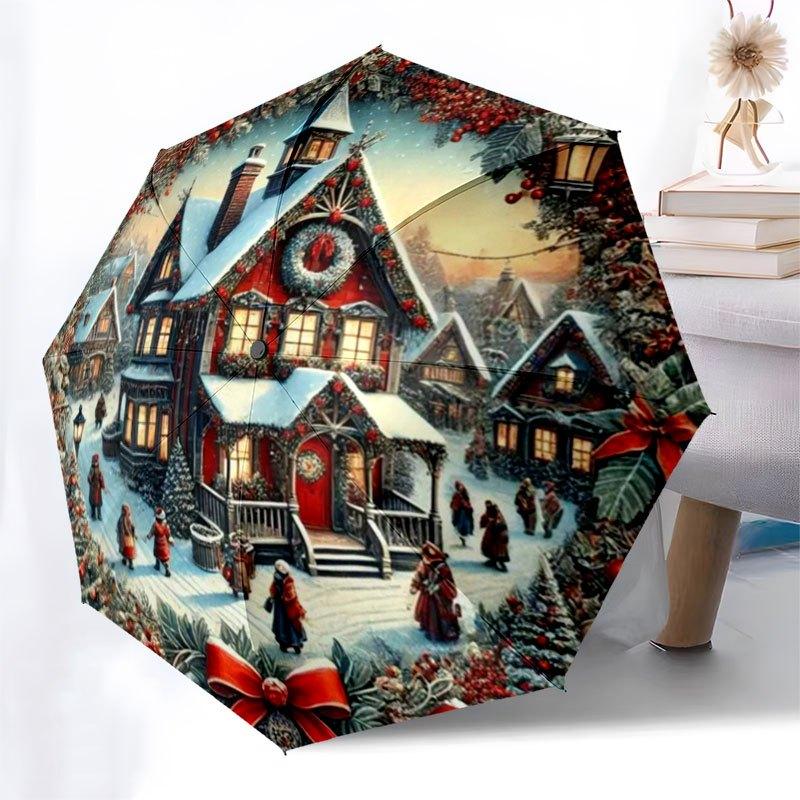 Christmas Village Scene with Snowy Houses and Festive DecorationsUmbrella with Cute Design,Portable 3-Fold Compact Umbrella for Men&Women,Va