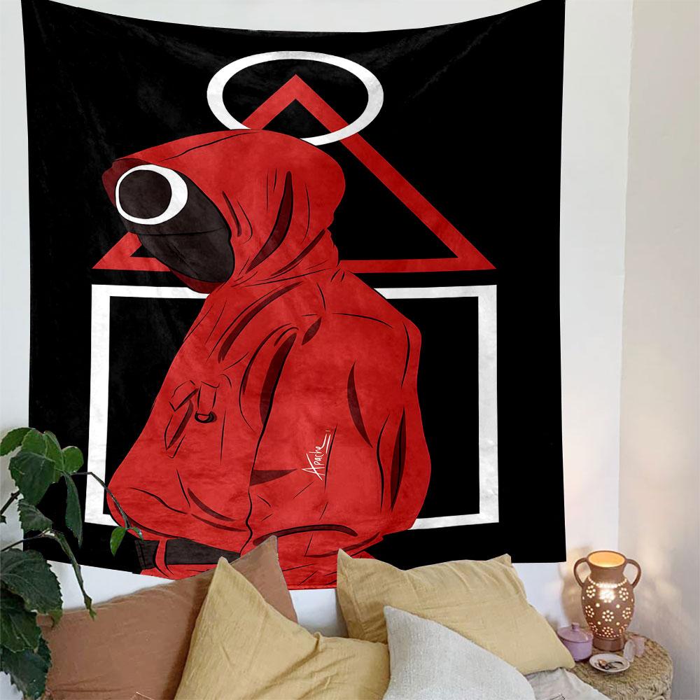 Red Hooded Figure with Geometric Shapes Patterned Tapestry Decorative Wall Hanging, Home Bedroom Living Room Decor