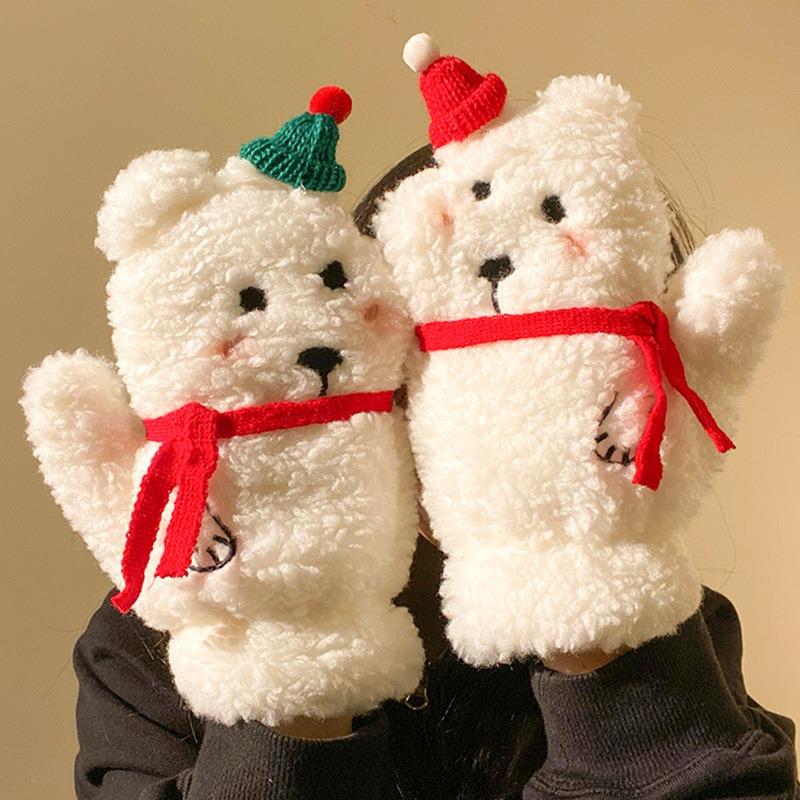 Милая рождественская шапка, плюшевые варежки-мишки, женские осенне-зимние утолщенные и на флисе для тепла, велосипедный тренд