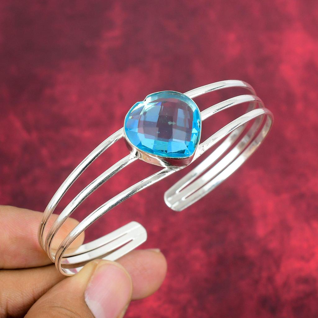 Blue Topaz Bangle, 925 Solid Sterling Silver Gemstone Bangle, Handmade Bangle, For Thanksgiving