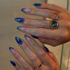 24Pcs 3D Blue Cat Eye Press On Nails Short Almond False Nails Irregular Gold Lines Fake Nails Sweet Cool French Metal Nail Art
