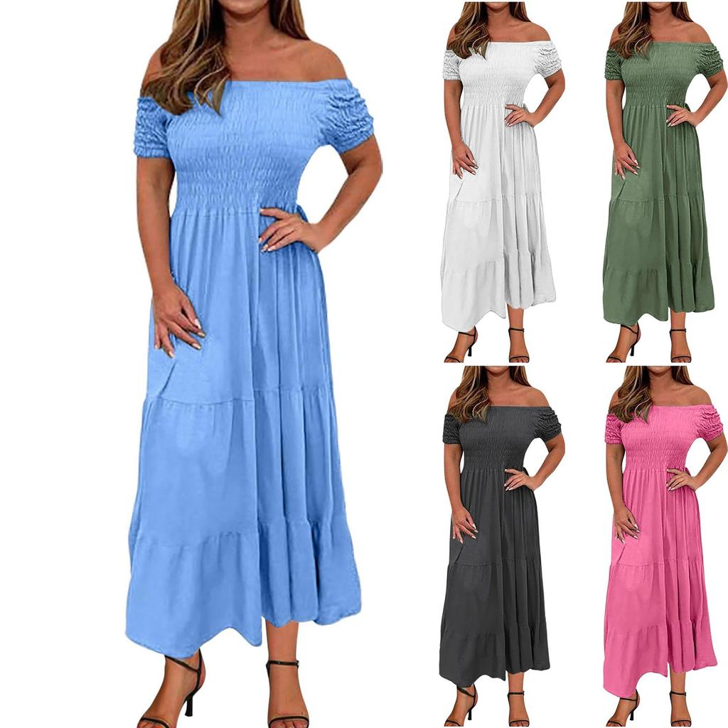 Women's Fashionable Solid Color Pleated Layered Short Sleeved Large Hem Dress