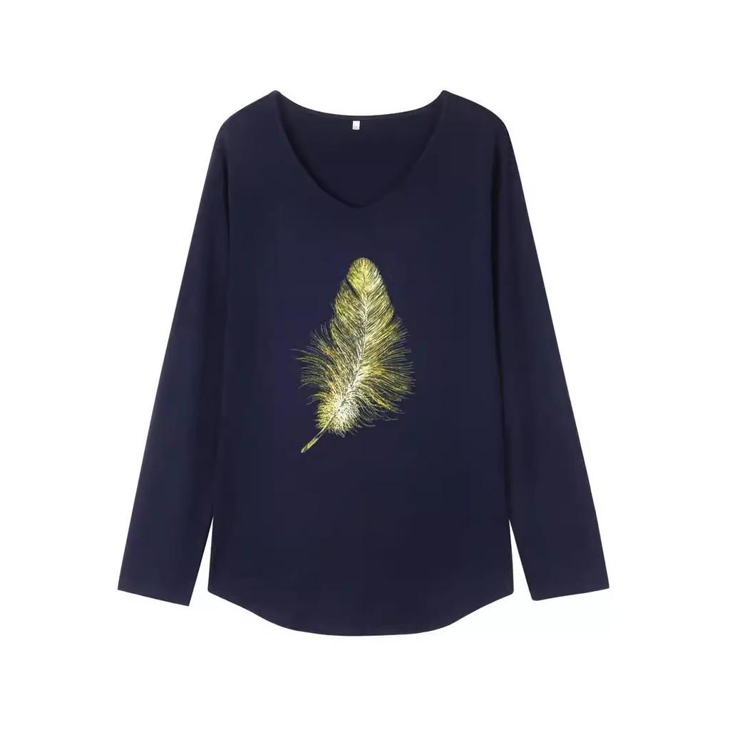 Animal Letters Feather Moon Printed 3D T Shirts Plus Size Black Tees Women Fashion V Neck Long Sleeve T Shirt