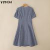 VONDA Women Stitching V Neck Short Sleeve Plaid Print Casual Pleated Dress